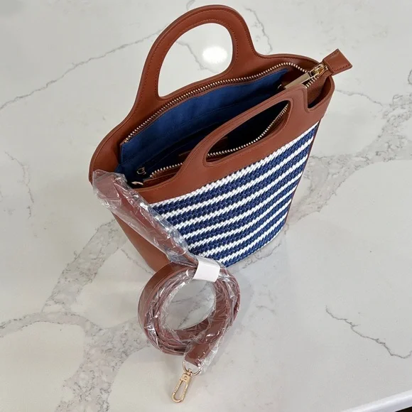 Ann Taylor Blue & White Crochet Stripe and Tan Leather Tote Bag Purse - Picture 7 of 8